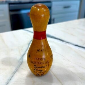 Wood Mini bowling pin miniature league trophy from 1960 Tampa bowlerettes